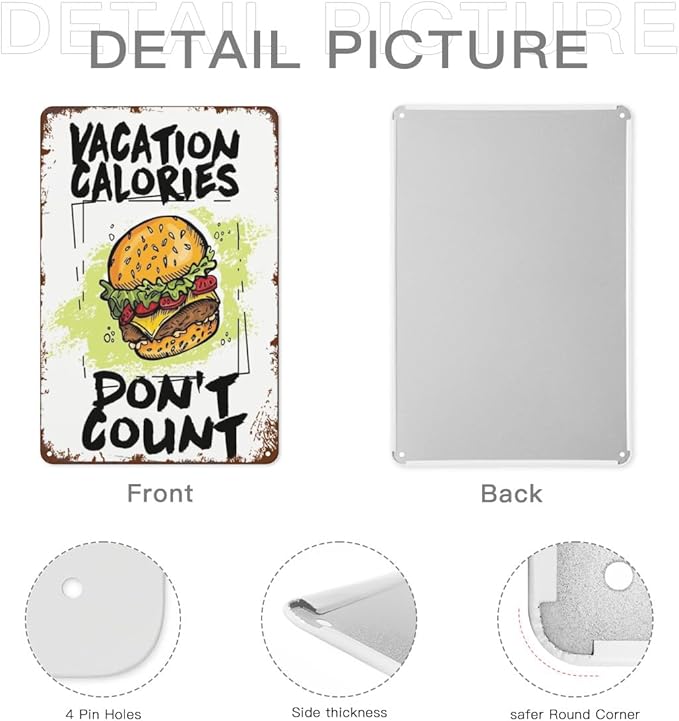 Vintage Tin Signs Vacation Calories Don't Count for Room,Patio,Office,Yard & More Retro Metal Wall Decor,8x12 Inch Funny Quotes & Gothic Designs