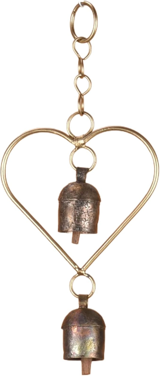 Rustic Metal Heart Bell Wind Chime – Heart-Shaped Decorative Bell with Antique Brass Finish – Hanging Indoor Outdoor Farmhouse Decor – Valentine's Gift or Garden Accent 8.5 x 3.75 Inch