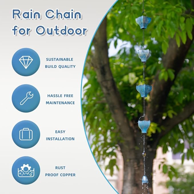 dreamysoul Rain Chains for Outside, 9.41FT with 8 Hollow Hummingbird Pattern Cups Rain Catcher Chains, Outdoor Rain Gutter Chains for Downspout, Eaves Drainage