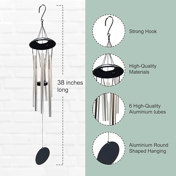 VOS Aura Deluxe Metal Windchime - 38” Beautiful Melodic Hanging Wind Chimes – Perfect Home and Garden Décor, Patio and Yard (Brush White)