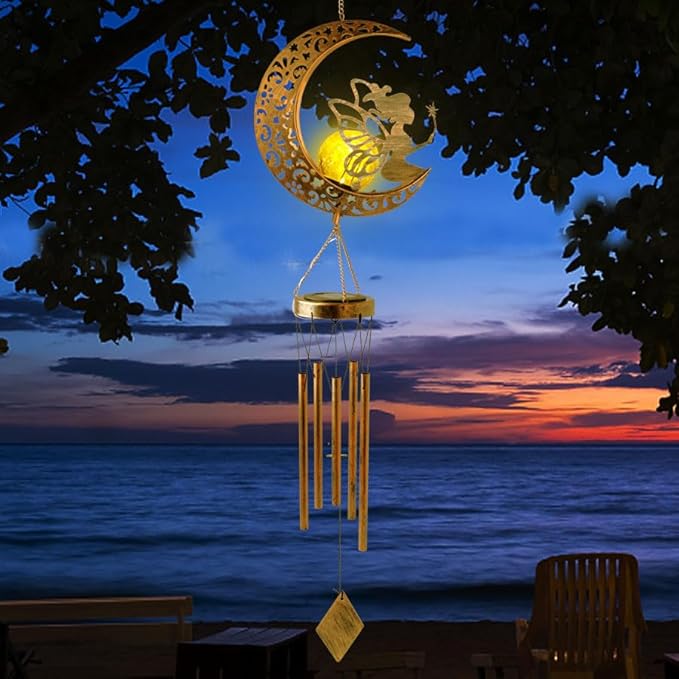 Fairy Moon Solar Light Wind Chimes for Outside for Women Mother Grandma Wife Birthday Gift Crackle Glass Ball Windchimes Gardening Gifts for Outdoor Patio Decor Yard Porch Decorations