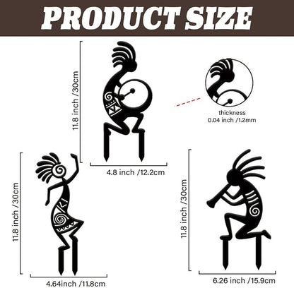 SUPERDANT 3PCS Kokopelli Metal Garden Yard Art Decor Black Silhouette Outdoor Iron Art Decoration Garden Stakes Statues Ornament Crafts for Backyard Parks Lawns Outdoor Spaces