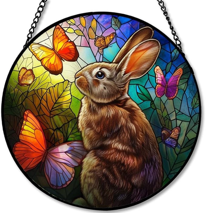 Stained Glass Window Hanging - Rabbit with Butterflies and Leaves Sun Catchers Indoor Stained Glass Panels Wall Decor for Mom Wife Lovers Festive