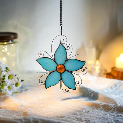Forget Me Not Flower Decor Stained Glass Window Hanging,Blue Flower Ornaments Suncatcher for Window,Best Gifts for Mother,Women,Valentine's Day,Birthday