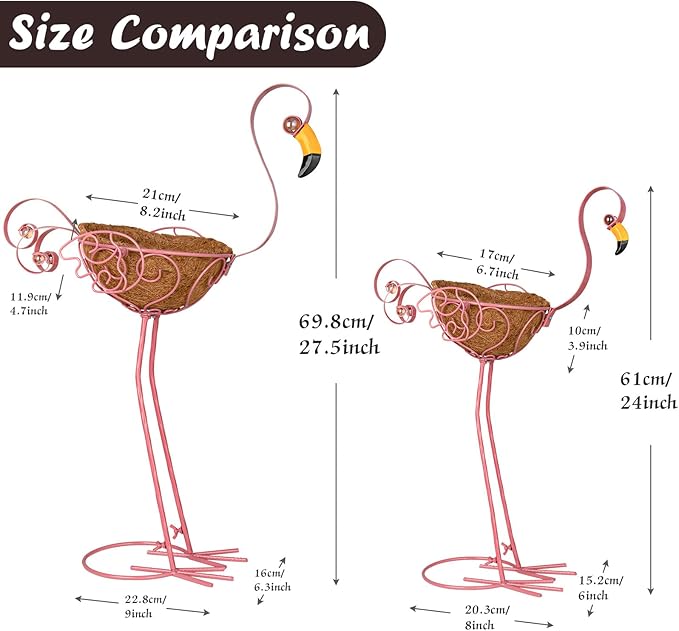 Set of 2 Pink Flamingo Outdoor Planters with Basket, Metal Flamingo Planter for Indoor Outdoor Garden Yard Decor (Flamingo-Planter)
