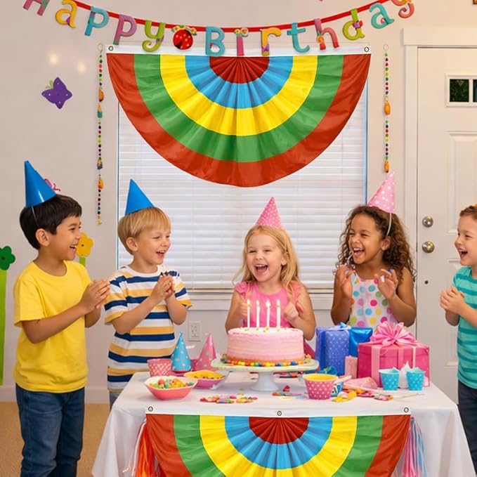 4Pack Colorful Bunting Flags Decor Birthday Party Classroom 2x4 Ft Bright Color Bunting Pleated Half Fan Bunting Banner Decor Outside Summer Party with Canvas Header Brass Grommets Mexican Themed Multi-Color Stripes Bunting Decoration Party Garden Porch