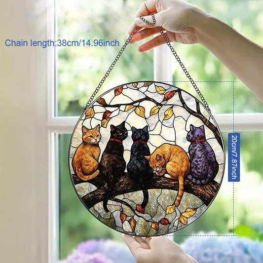 Stained Glass Window Hanging, 5 Cats on a Branch Suncatcher for Window Doors Garden Home Decoration, Animal Colorful Glass Panel Ornaments for Women,Men,Wife, Lovers, and Mom 7.8x7.8 in