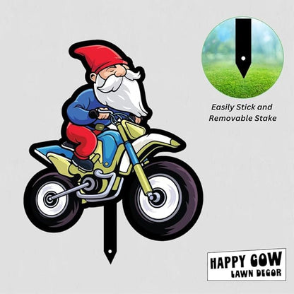 Garden Outdoor Small Metal Art 7"x 6" Weather Resistant Lawn Ornaments Sturdy Stakes Yard Sign Decoration for Patio (Gnome on a Motorcycle)