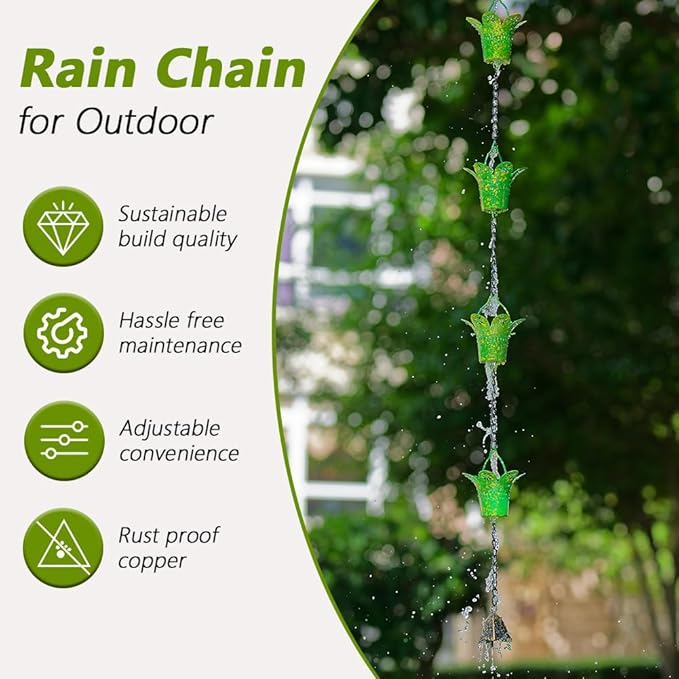 10ft Rain Chains for Outside, 12-Cup Rain Chain Replacement Downspout for Gutters,Eaves, Drainage, Adjustable Length(Gold & Green)