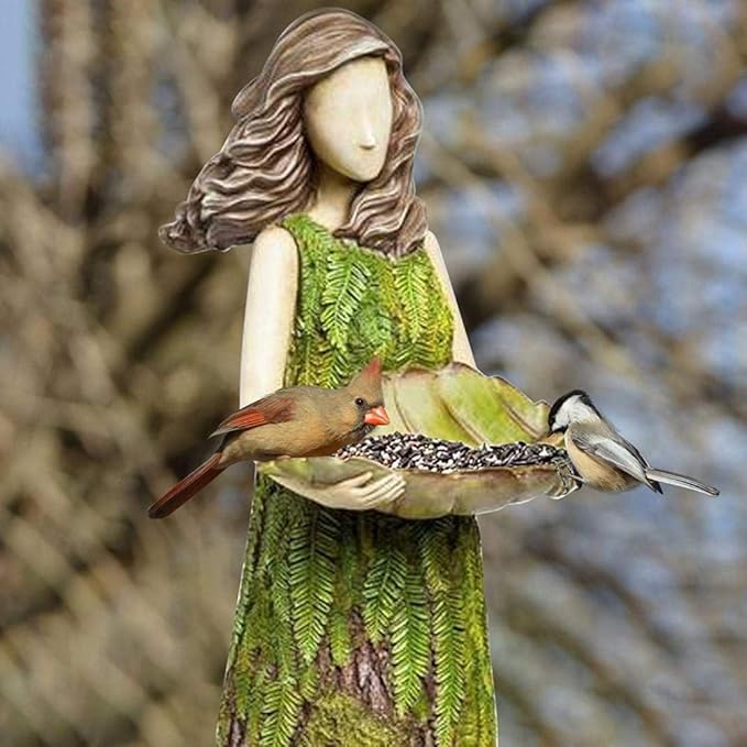 Akozon Enchanting Fairy Garden Statue with Bird Feeder - Elegant Ornament for Outdoor Decor, 1 Feet Tall Garden Art Sculpture with LeafShaped Seed Bowl (Green)