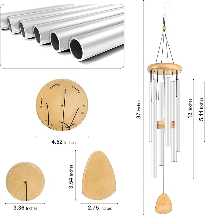 Wind Chimes for Outside with Wood Wind Catcher, 37 Inches Large Aluminum Windchimes Outdoors for Patio Decoration & Zen Atmosphere, Best Gifts for Mom(White)