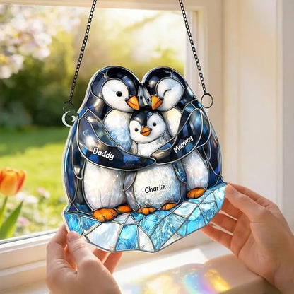 Personalized Penguin Family Acrylic Sun Catcher Ornament Gift for Grandma Mom Dad Grandpa, Custom Kids Names Window Decor, Mothers Day Birthday Gifts for Mimi Nana Papa from Grandkids