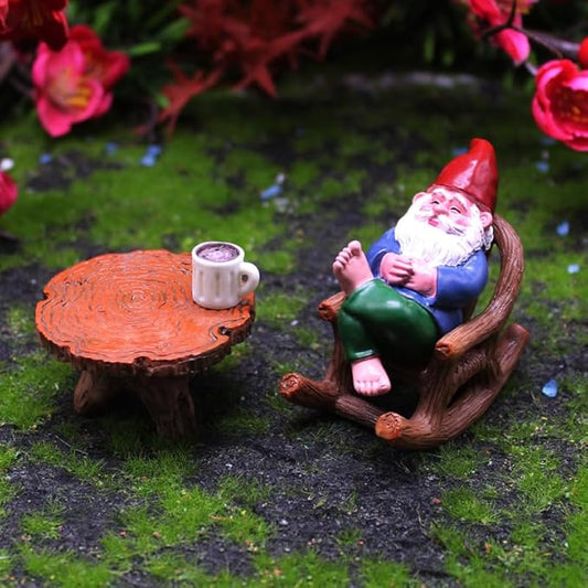 Garden Gnome Outdoor Statue Figurines Funny Gnomes with Miniature Resin Table Chairs Figurines, Gnome Decorations for Yard Home Patio Yard Lawn Balcony Porch Patio Desks Ornament