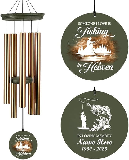 Memorial Wind Chimes Personalized, 36inch Sympathy Wind Chime, in Loving Memory for Loss of Loved Grandpa/Dad Loves Fishing, Fishing in Heaven, Memorial Gifts (Produced in USA)