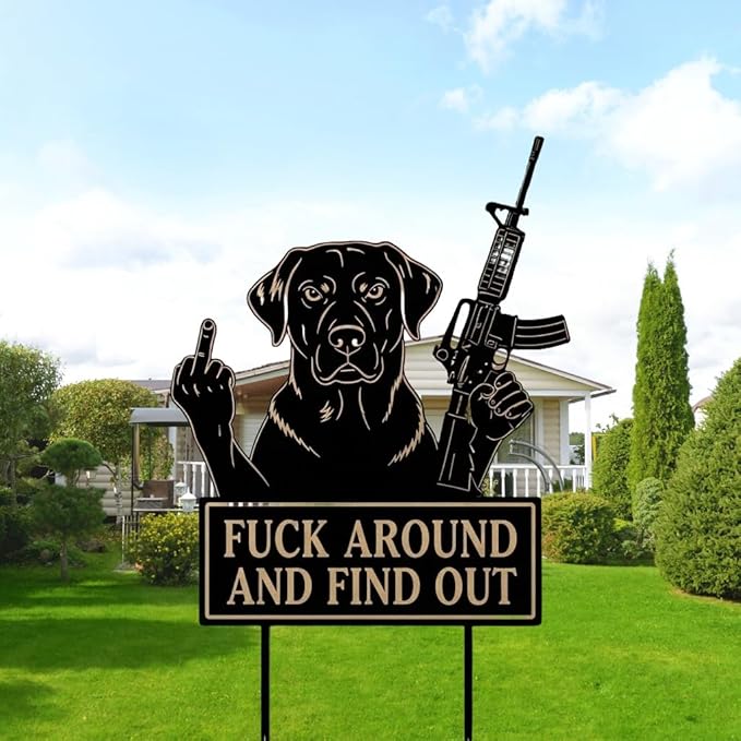 F Around & Find Out Dog Sentry Metal Dogs Silhouette Garden Stake with Middle Finger &Weapon Sign, FAFO Security Sign Middle Finger Dog Statue Decor for Outdoor Yard Patio (Labrador, 6 * 12")