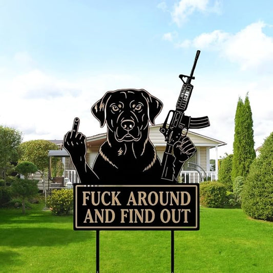 F Around & Find Out Dog Sentry Metal Dogs Silhouette Garden Stake with Middle Finger &Weapon Sign, FAFO Security Sign Middle Finger Dog Statue Decor for Outdoor Yard Patio (Labrador, 6 * 12")