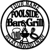 MeMate Poolside Bar & Grill Sign, Outdoor Pool Decor, Large Metal BBQ Sign, Personalized for Backyard Patio Porch Deck, Custom Name Housewarming Gifts for Family Friends