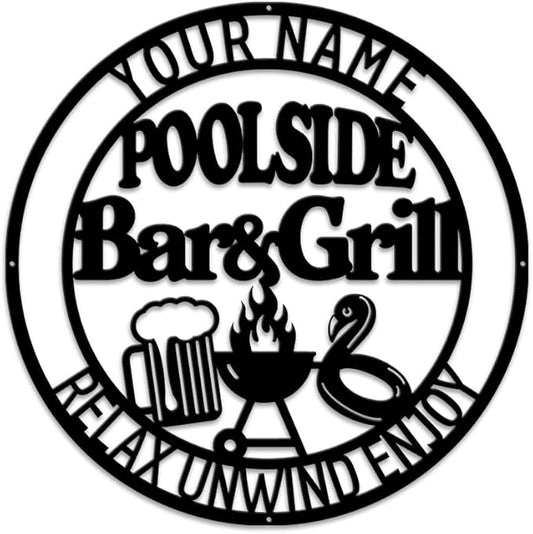 MeMate Poolside Bar & Grill Sign, Outdoor Pool Decor, Large Metal BBQ Sign, Personalized for Backyard Patio Porch Deck, Custom Name Housewarming Gifts for Family Friends