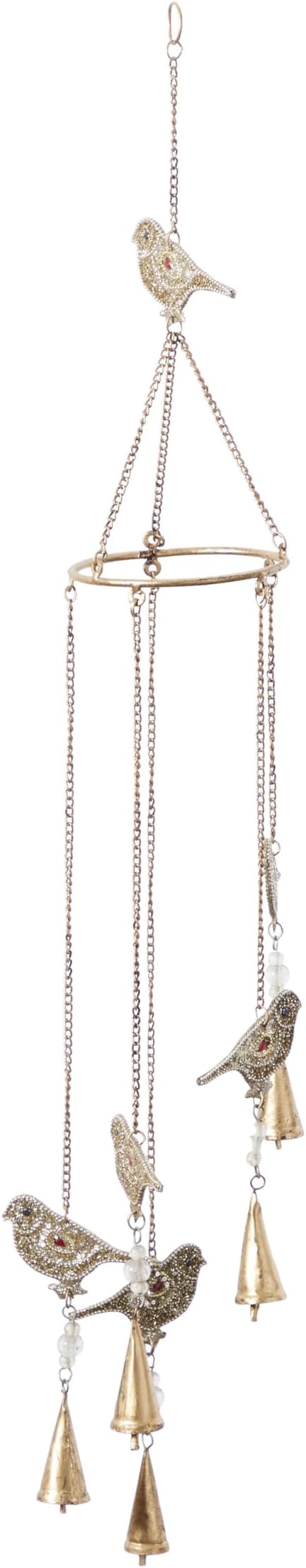 Deco 79 Metal Bird Indoor Outdoor Embellished Windchime with Glass Beads and Cone Bells, 5" x 5" x 39", Gold