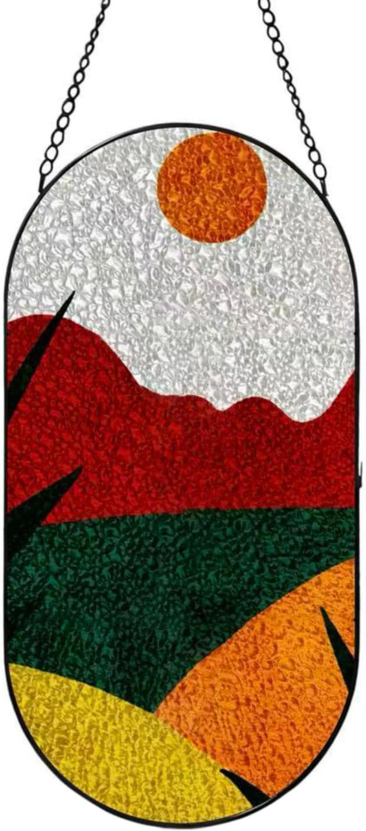 Stained Glass Window Hanging, Sunset Red Orange Yellow Color Block Sun Catchers Indoor Window, Artistic Home Indoor Entryway Wall Decor Gifts for Women Wife Men Kids Birthday