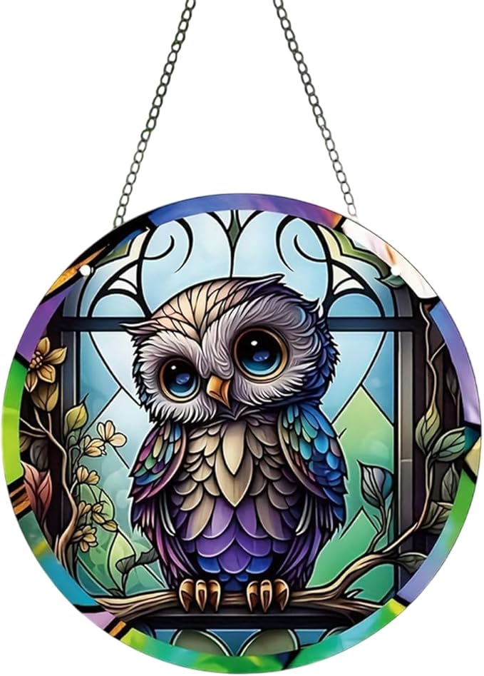Owl Acrylic Window Hanging,Stained Window Hanging Decor Colorful Ornament,Stained Two-Sided Panel Hangings Decoration,Acrylic Suncatcher for Garden Kitchen Living Room