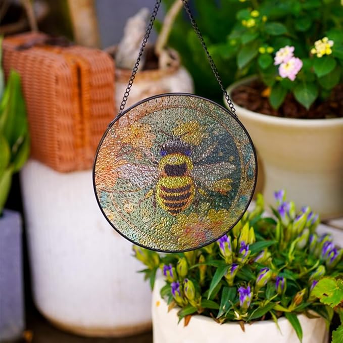Bee Stained Glass Window Hanging, Bee Sun Catchers Indoor Window Hanging, Fall Decorations for Home, Garden, Birthday Gifts