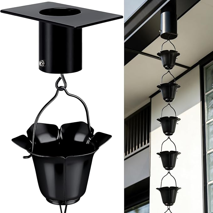 Tfro & Cile Gutter Rain Chain with Adapter Black Downspout Catcher Petunia Outside Water Diverter Decorative Garden Rain Cups Chime Home Decor - 8 1/2 Feet Long
