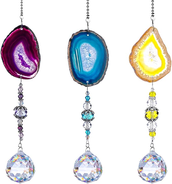 H&D HYALINE & DORA Pack 3pcs Suncatcher Hanging 30mm Crystal Ball with Agate Slices Wind Chimes Ornaments Decor for Window Home Garden