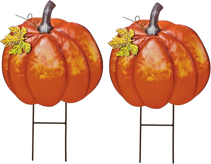 K KILIPES 18.9" H Metal Pumpkin Garden Stake Decorative Fall Pumpkin Yard Sign for Home Outside Garden Lawn Porch Autumn Thanksgiving Decorations (2)