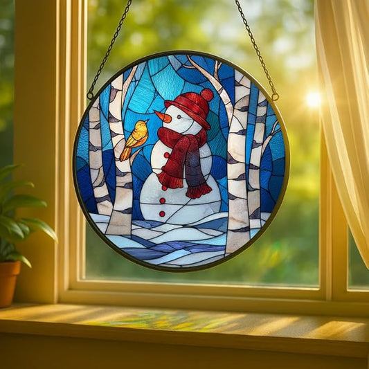 Stained Glass Window Hanging - Christmas Snowman & Bird on Birch Tree Branch Sun Catchers Panel for Indoor Decorative Display for Mom, Wife, Lovers, Festive