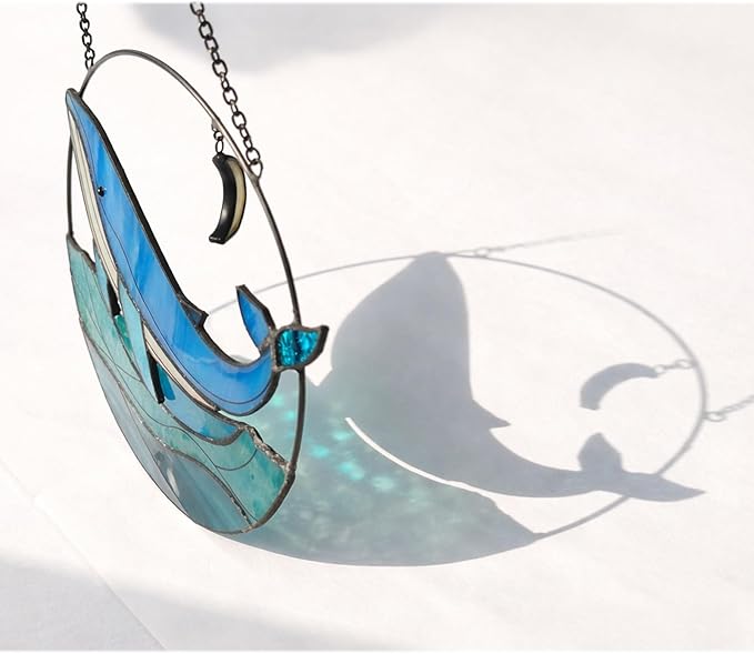 7" Whale Stained Glass Suncatcher, Handmade Coastal Window Hanging Decor, Colorful Sun Catcher for Kitchen, Sunroom, Beach House, Ideal Gift Idea for Ocean Lovers