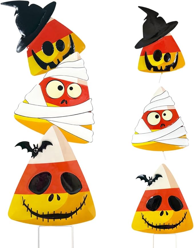 3 Packs Halloween Garden Stakes, Stacked Metal Candy Corn Lawn Decor, Halloween Decorative 3D Yard Signs Stake for Outdoor Front Garden Pathway Decorations