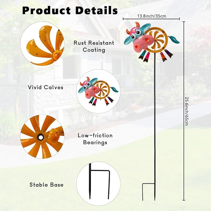 Oak & Lore Metal Cow Wind Spinners Outdoor Yard Cattle Wind Sculptures & Spinners with Stakes Waterproof Art for Patio, Lawn, Backyard Garden Decor