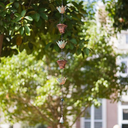 10.2ft Rain Chain for Outside, Lotus Rain Chain with 16 Cups, Adjustable Rain Catcher Chain for Outside, Replacement Downspout for Gutters, Eaves, Drainage