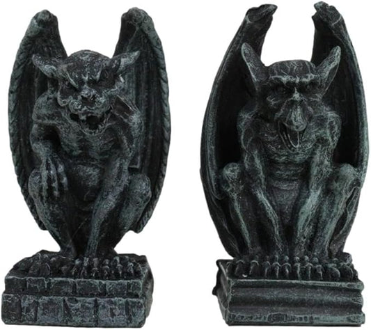 Ebros Gift Notre Dame Castle Top Guardian Mini Gargoyles Crouching On Stone Pedestals Resin Figurine Set of 2 Miniature Fairy Garden Gargoyle Sculpture Pair 2.5" Tall