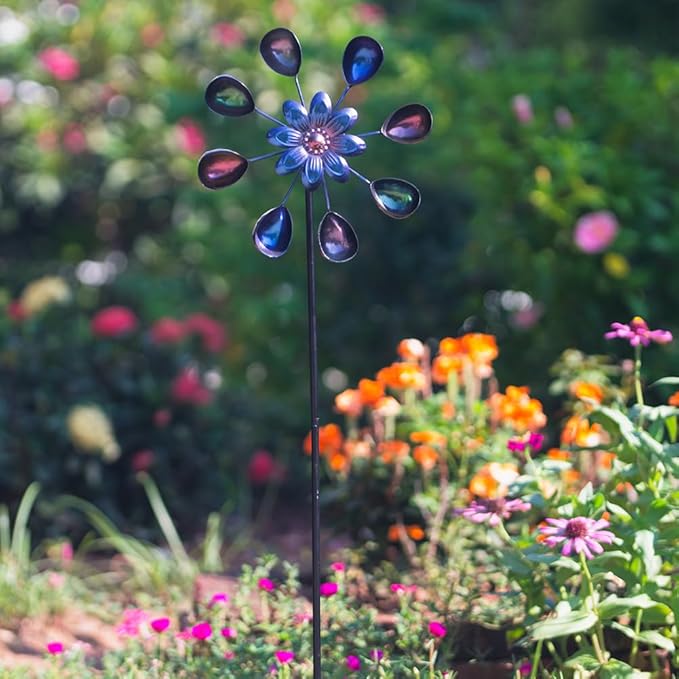 DREAMYSOUL Wind Spinners Outdoor, 10" Dia Colorful Metal Pinwheels for Yard and Garden, Kinetic Wind Sculptures & Spinner Outside (Purple Flowers)