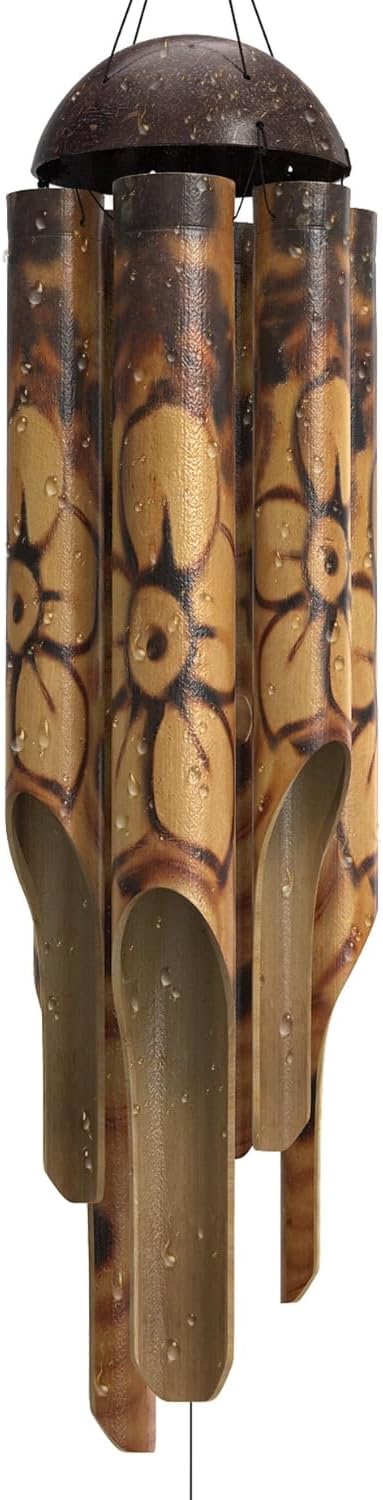 Nalulu Rustic Bamboo Wind Chimes - Outside Outdoor Wooden Windchimes, Large, Floral Burned Design with Coconut Crown, Handcrafted with Calming Deep Tones, Home Decor, Ideal Gift for Him & Her