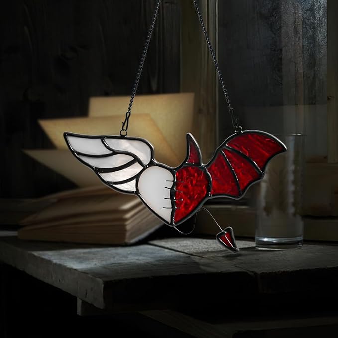 BOXCASA Angel and Devil Wings Decor Stained Glass Suncatcher for Window,Heart-Shaped Stained Glass Window Hangings,Angel Gifts for Women,Heart for Thanksgiving Gift