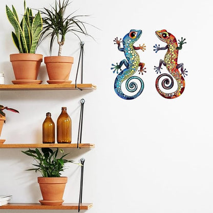 2Pcs Gecko Metal Sign Wall Art Indoor Outdoor Decor,Set of 2 Geckos Ornament Silhouette Bedroom Hanging Gifts for Birthday Housewarming,Lizard Decorate for Balcony Fence Garden Yard Patio Farmhouse