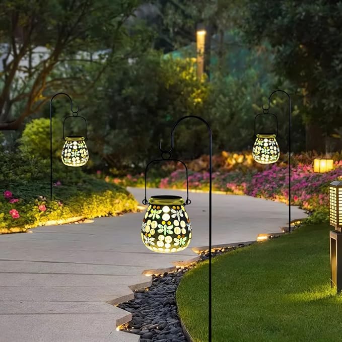 Stargarden 2 Pack Mosaic Solar Lanterns Outdoor Waterproof, Dragonfly Hanging Lantern Decorative Glass Solar Lights for Yard, Patio, Lawn, Gaden Decor