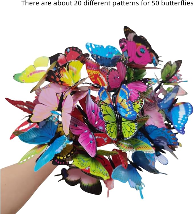 Rikyo 3D Butterfly Garden Stake Decor,10" PVC Butterfly Garden Decor for Outside,Shaking Head Artificial Butterflies for Cake Bouquet Wall Lawn Pathway Plant Pot Flower Bed Yard Decor (50, Colorful)