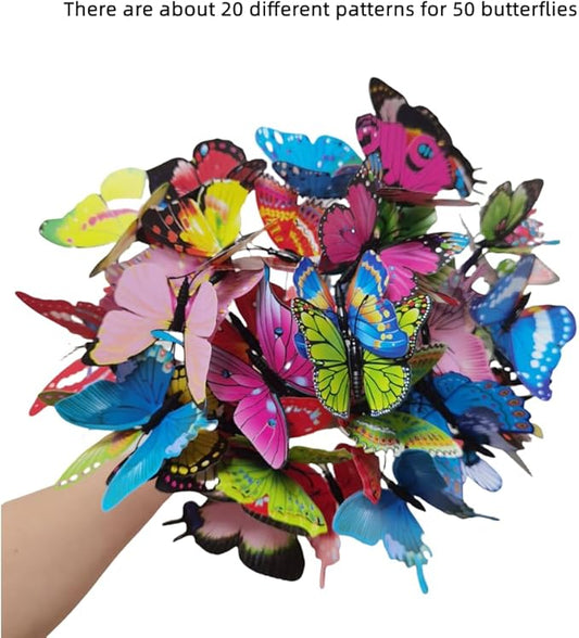 Rikyo 3D Butterfly Garden Stake Decor,10" PVC Butterfly Garden Decor for Outside,Shaking Head Artificial Butterflies for Cake Bouquet Wall Lawn Pathway Plant Pot Flower Bed Yard Decor (50, Colorful)