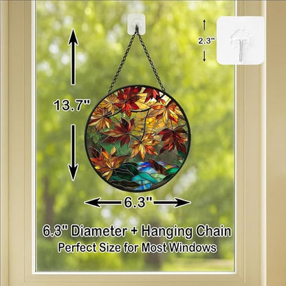Autumn Leaves Stained Glass Window Hanging Panel – Nature Fall Suncatcher Wall Art for Home Window Decor and Gift