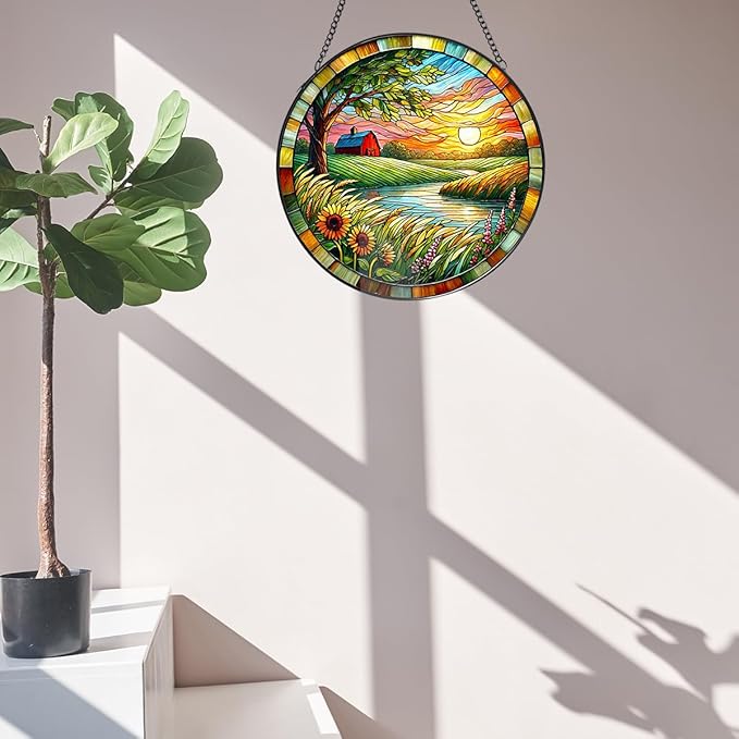 Lake Stained Glass Window Hanging, 7.87 Inch Handmade Plant Sun Catchers with Hook, Wall Art Decor Panel for Indoor Windows, Garden,Gift for Mother’s Day, Housewarming