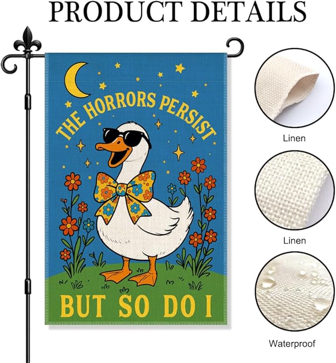 The Horrors Persist But So Do I Garden Flag Double Sided Yard Outdoor Decoration 12x18 Inch, Mental Health Yard Decoration Garden Flag, Dark Humor Sarcastic Rustic Spring Porch Home Decor