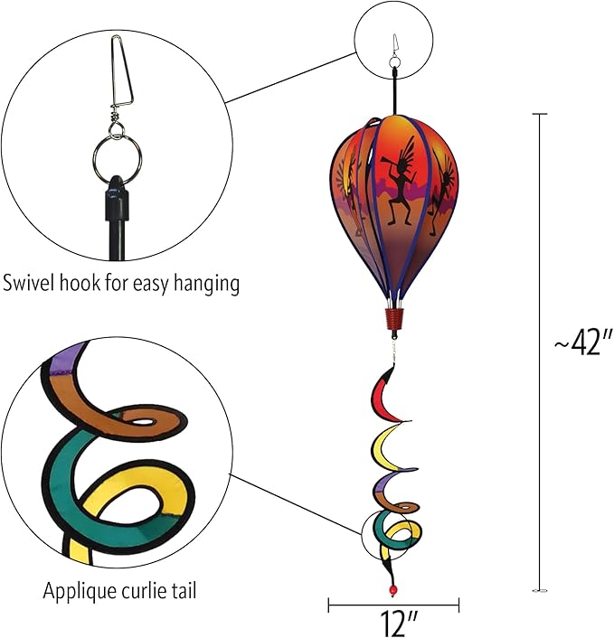 In the Breeze Kokopelli 6-Panel Kinetic Hot Air Balloon Wind Spinner,11" W x 17" H, 26" Tail,1049