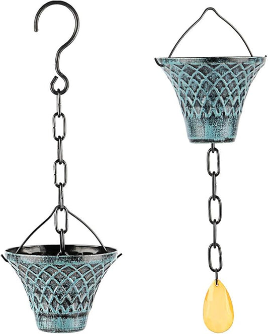 Rain Chains for Gutters Outside Downspouts Rain Catcher Diverter Metal Blue Plaid Outdoor Decorative, 8.5 FT