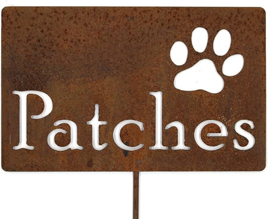 Classic Metal Garden Markers Clearance Items 20 to 33 Inches Tall (Patches with paw print 23", Naturally Rusted)