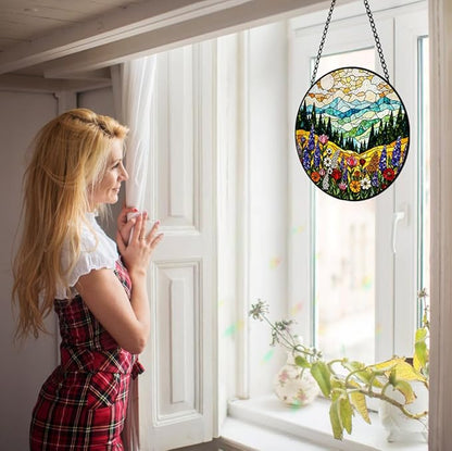 Mountain Wildflower Suncatcher Stained Glass Window Hanging - 8 Inch Plant Flower Suncatchers for Windows Hanging - Sun Catchers Indoor Outdoor Garden Decorations Glass Panel Gift for Women Mom Lovers