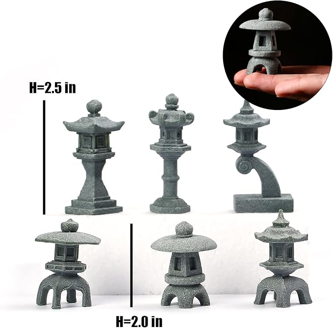 Miniature Japanese Lantern Pagoda Figurines Asian Decor Fish Tank Aquarium Ornament Fairy Garden Accessories Zen Terrarium Bonsai Decorations (6 Small Sandstone)